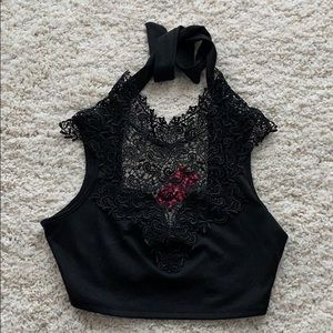 BRAND NEW! Black High Neck Lacey Crop Top